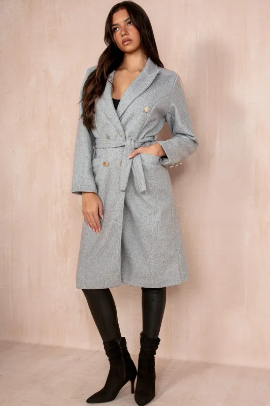 Ariel Grey Longline Belted Coat sold by Va Va Voom