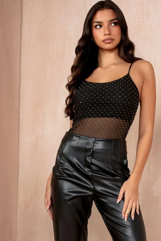 Kia Black Mesh Diamante Bodysuit sold by Va Va Voom