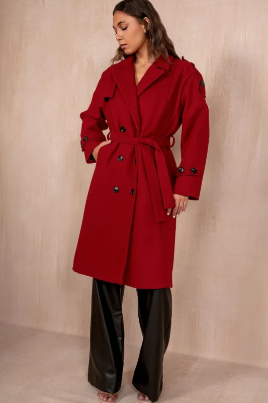 Ravi Burgundy Double Breasted Belted Coat sold by Va Va Voom