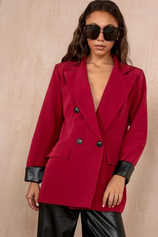 Sabina Burgundy Leather Cuff Blazer sold by Va Va Voom