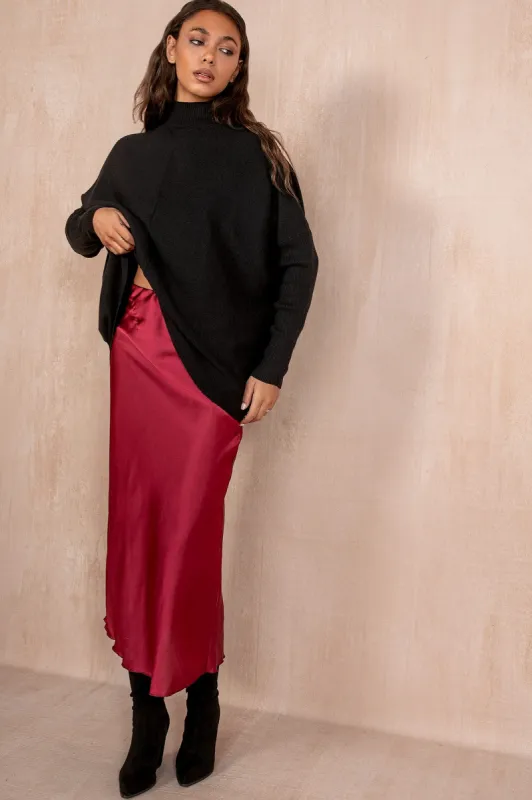 Briley Burgundy Satin Midi Skirt sold by Va Va Voom