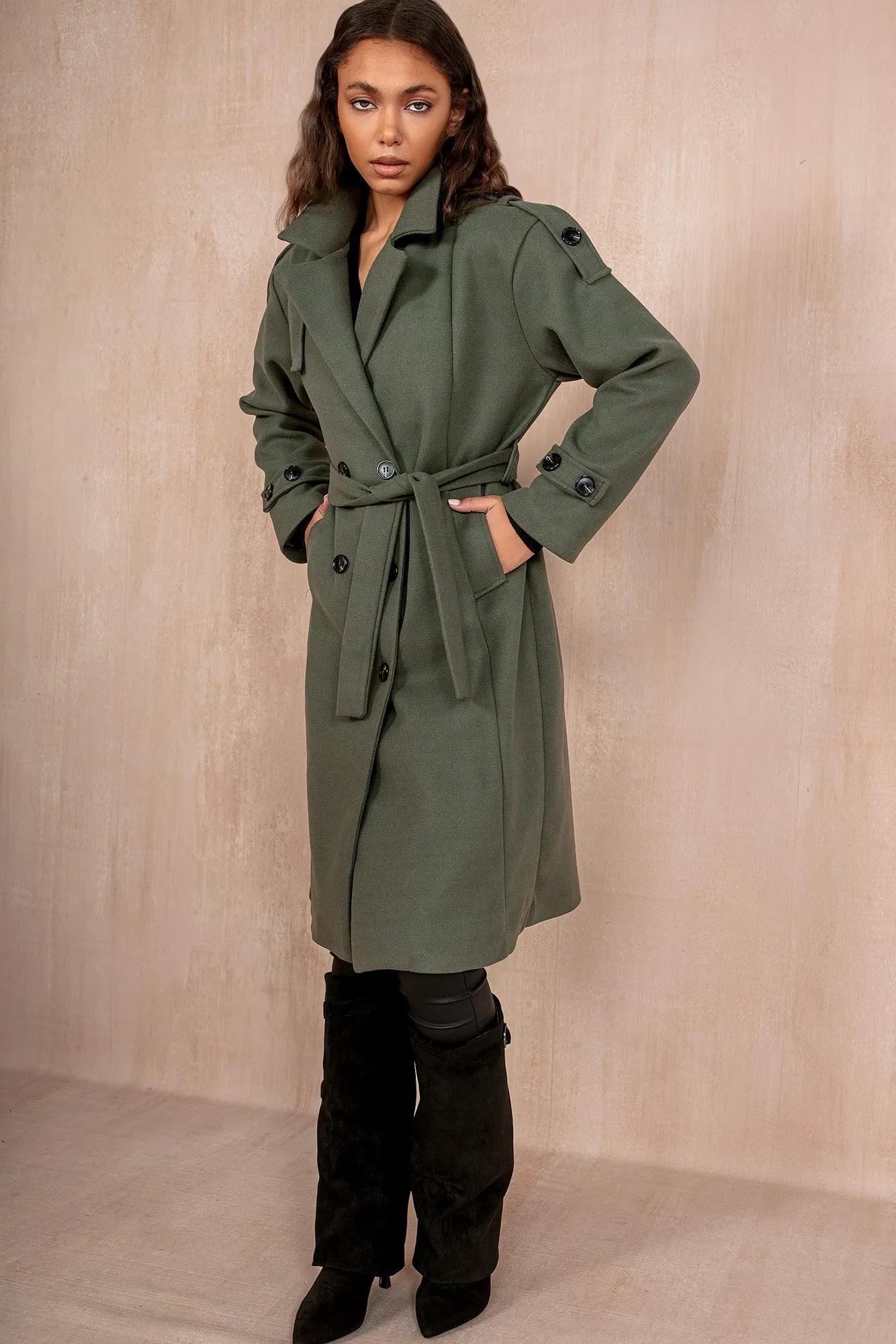 Ravi Khaki Double Breasted Belted Coat sold by Va Va Voom