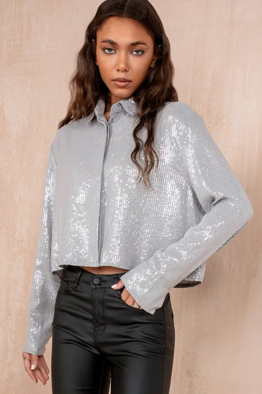Hendrix Silver Sequin Cropped Shirt sold by Va Va Voom