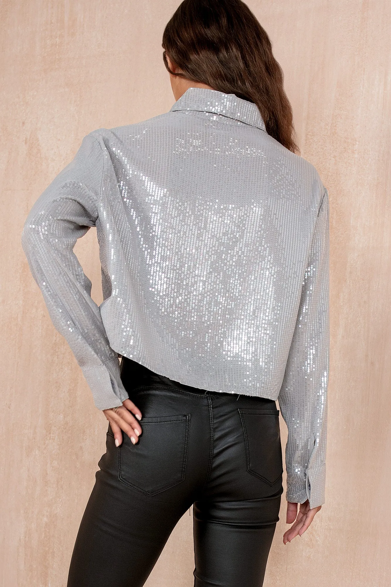 Hendrix Silver Sequin Cropped Shirt sold by Va Va Voom product image thumbnail 2
