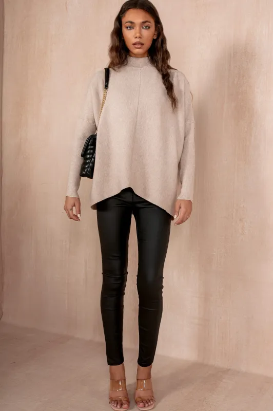 Susanna Oatmeal Knit High Neck Jumper sold by Va Va Voom