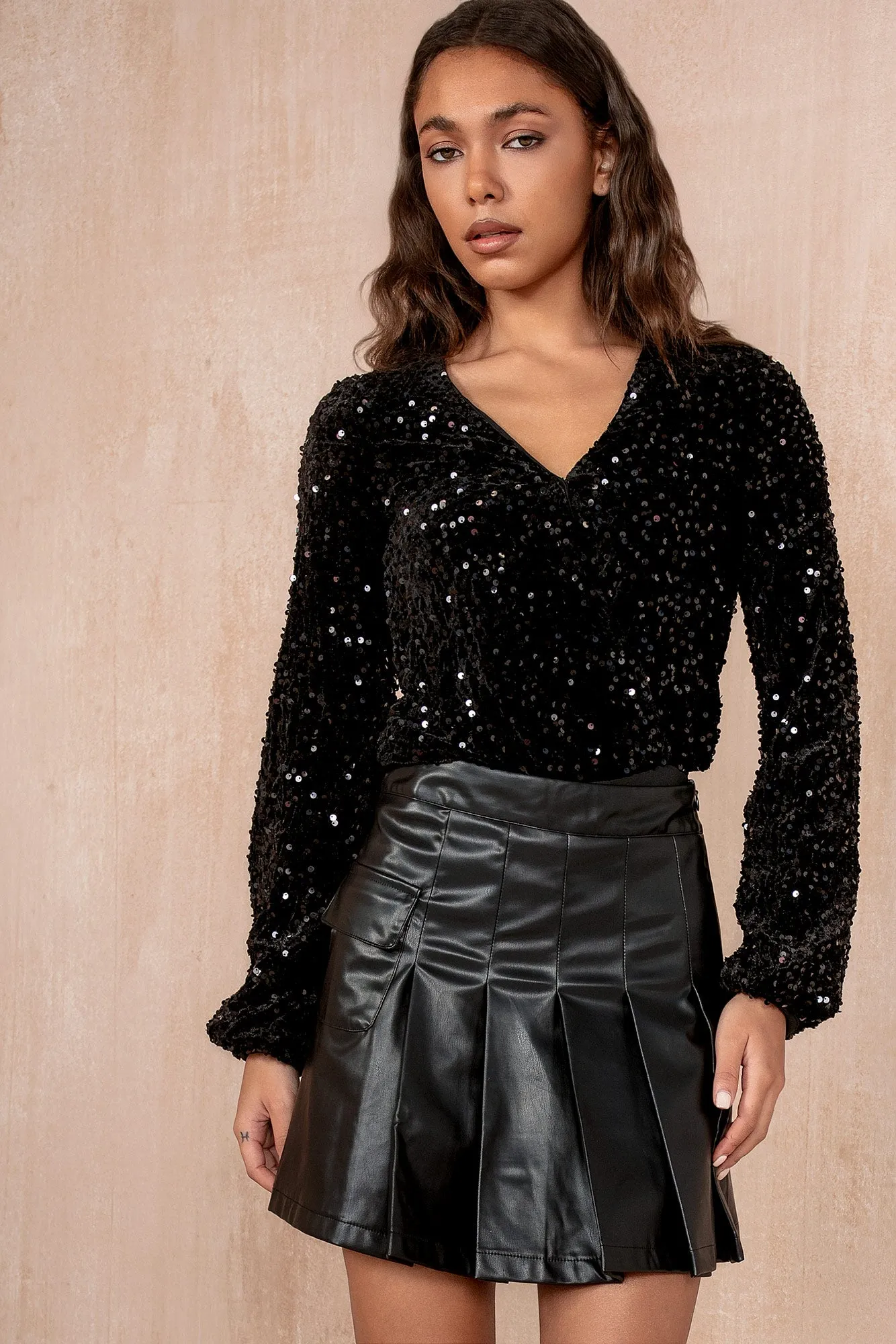 Irene Black Velvet Sequin Bodysuit sold by Va Va Voom