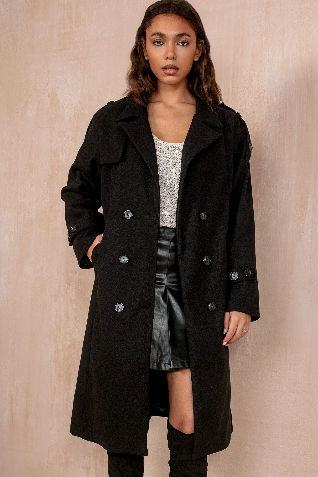 Ravi Black Double Breasted Belted Coat sold by Va Va Voom product image thumbnail 4