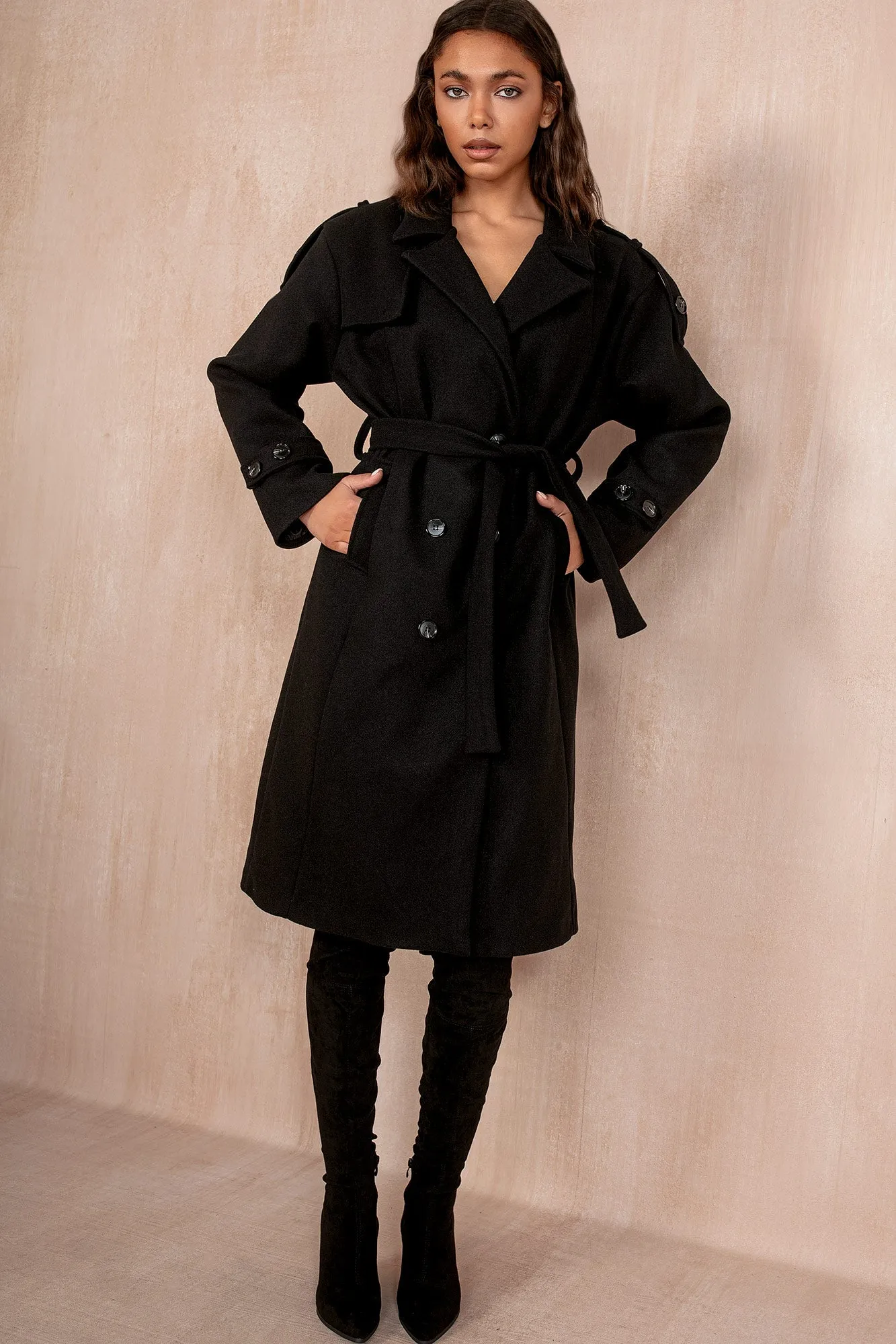 Ravi Black Double Breasted Belted Coat sold by Va Va Voom