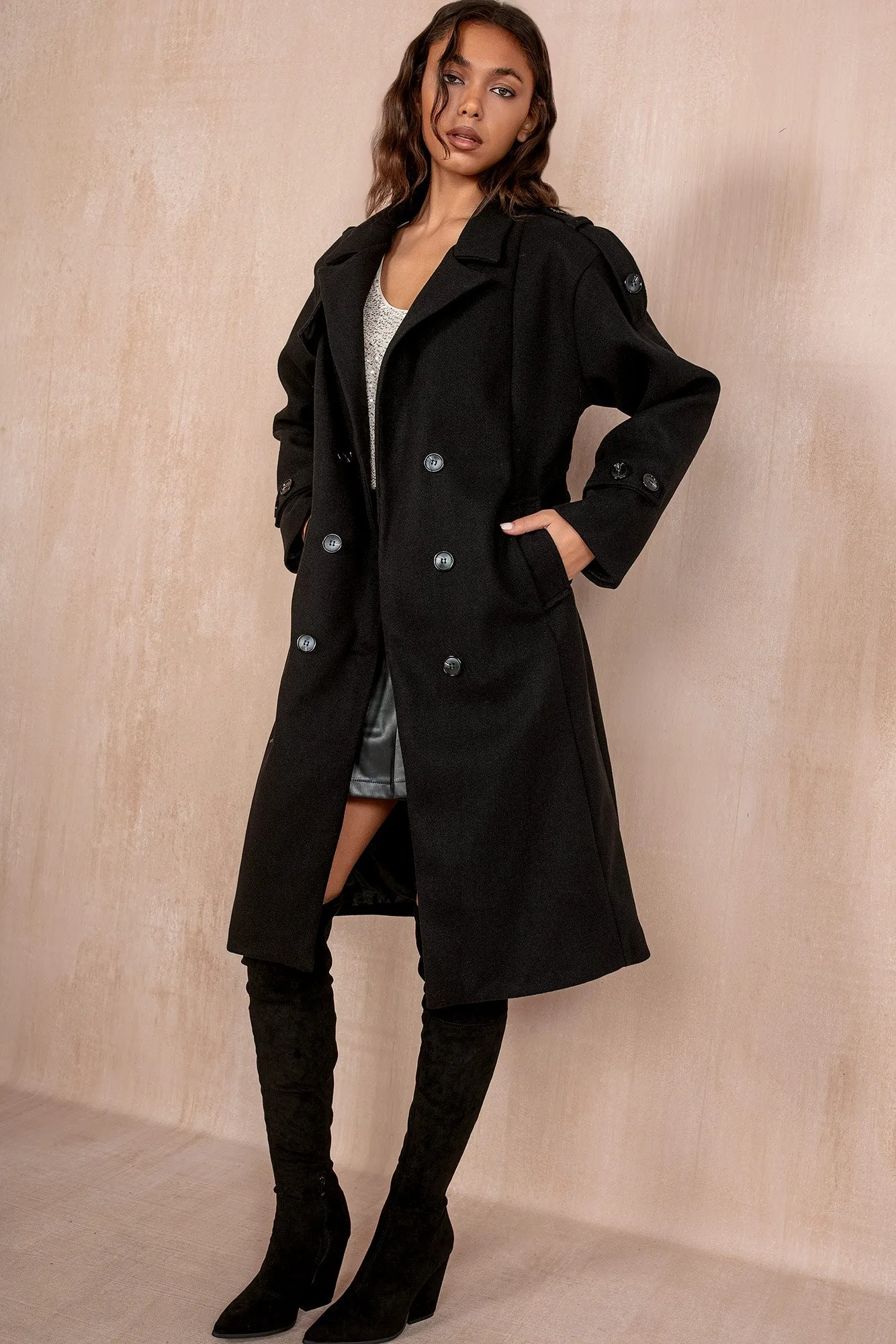 Ravi Black Double Breasted Belted Coat sold by Va Va Voom product image thumbnail 3