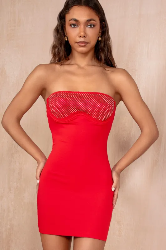 Mila Red Diamante Bandeau Dress sold by Va Va Voom
