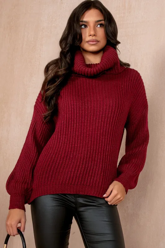Inga Burgundy Knit Roll Neck Jumper sold by Va Va Voom