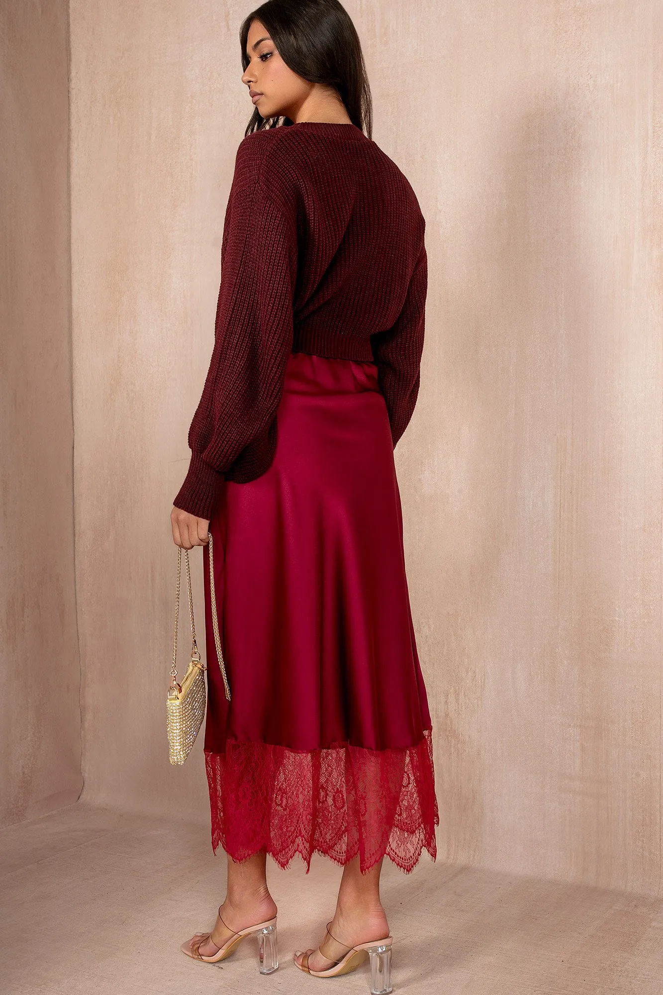 Hydee Burgundy Satin Skirt sold by Va Va Voom product image thumbnail 2