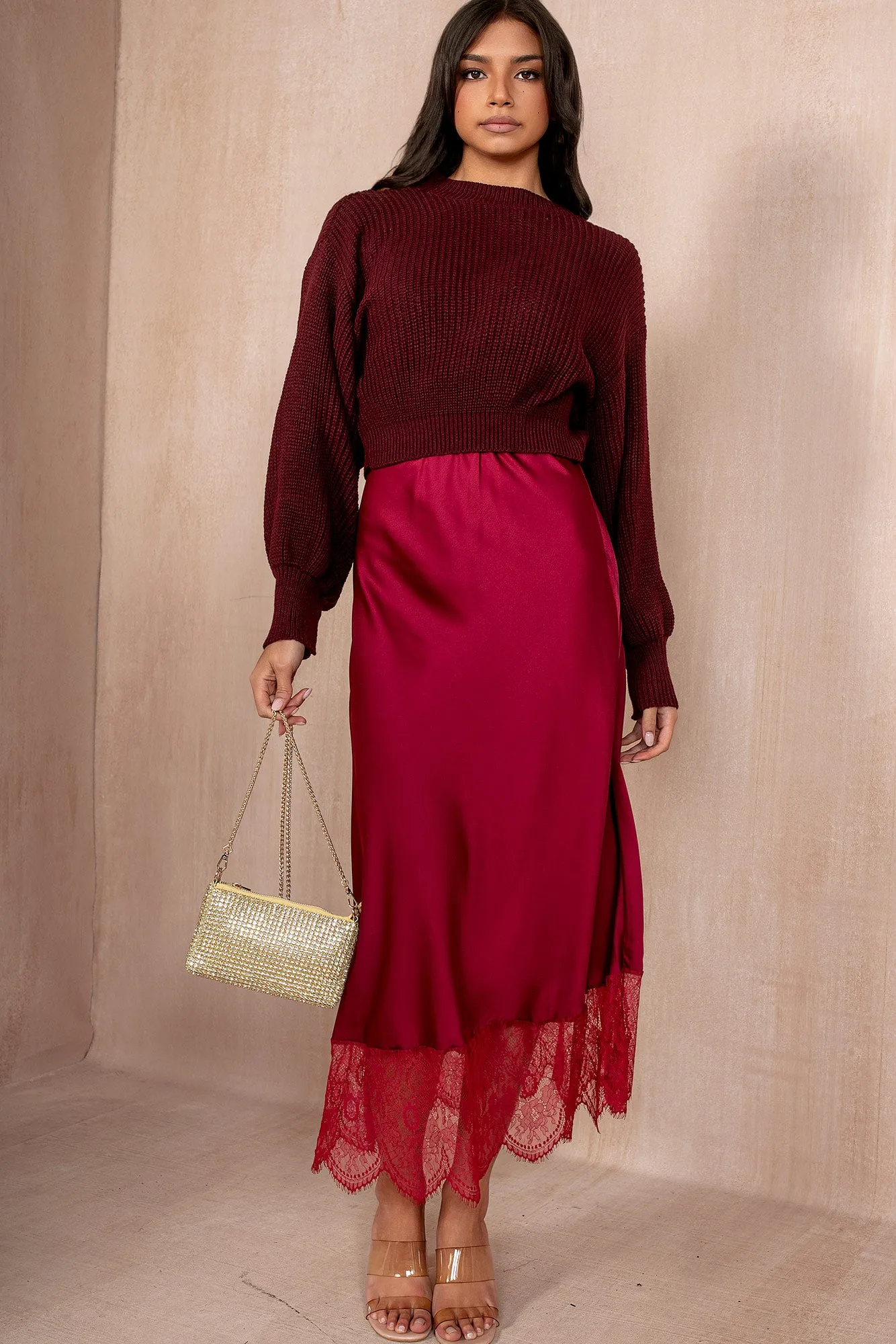 Hydee Burgundy Satin Skirt sold by Va Va Voom