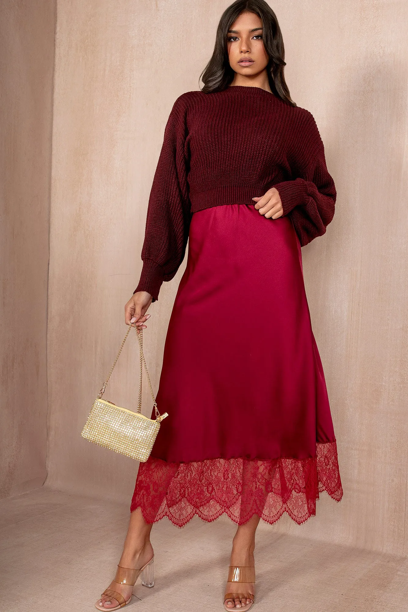 Hydee Burgundy Satin Skirt sold by Va Va Voom product image thumbnail 3