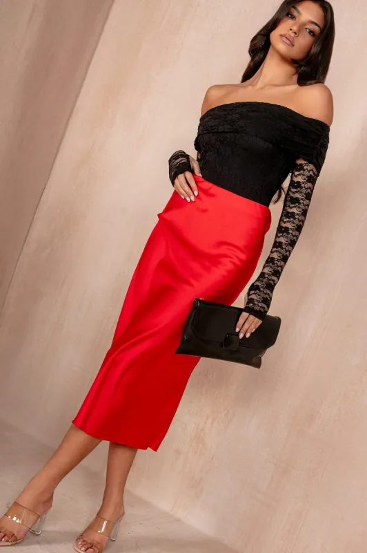 Briley Red Satin Midi Skirt sold by Va Va Voom