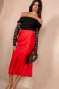 Briley Red Satin Midi Skirt sold by Va Va Voom