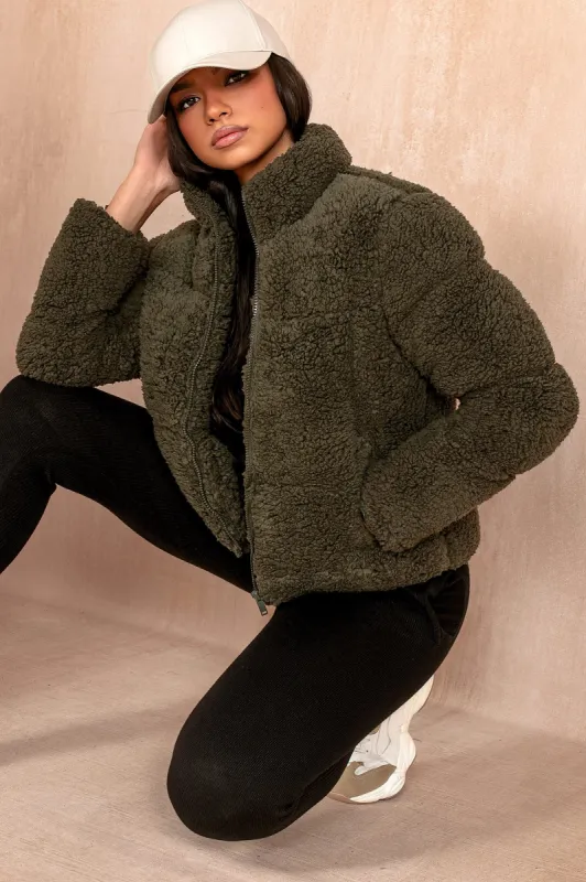 Lottie Khaki Teddy Puffer Jacket sold by Va Va Voom