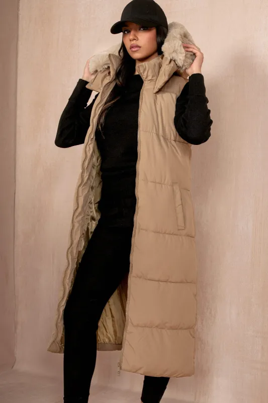 Breanna Camel Longline Padded Gilet sold by Va Va Voom