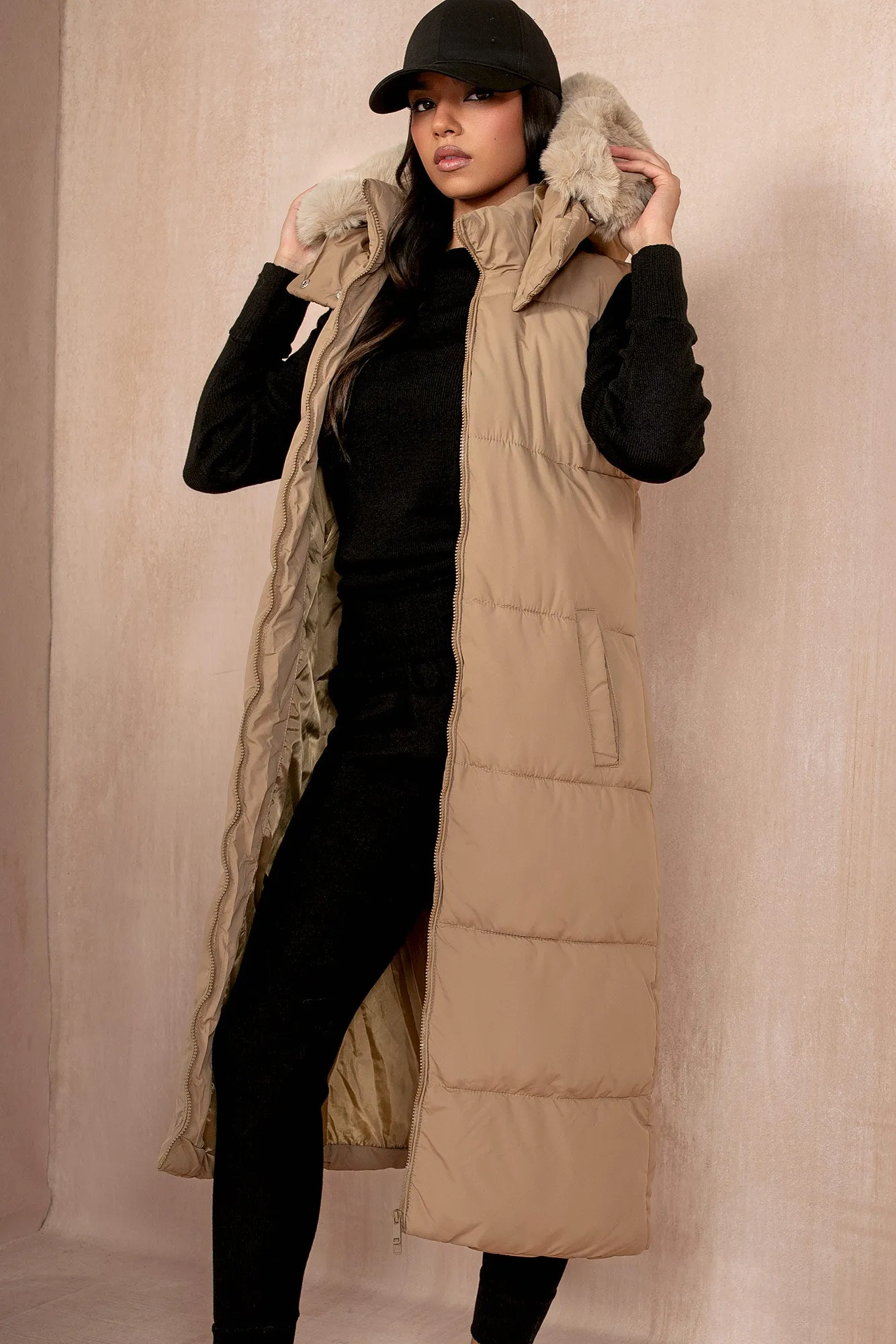 Breanna Camel Longline Padded Gilet sold by Va Va Voom