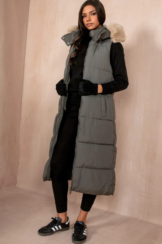 Breanna Khaki Longline Padded Gilet sold by Va Va Voom