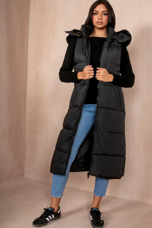 Breanna Black Longline Padded Gilet sold by Va Va Voom