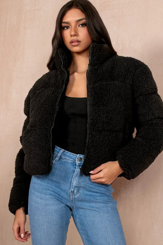 Lottie Black Teddy Puffer Jacket sold by Va Va Voom