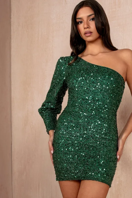Muriel Green Sequin One Shoulder Dress sold by Va Va Voom