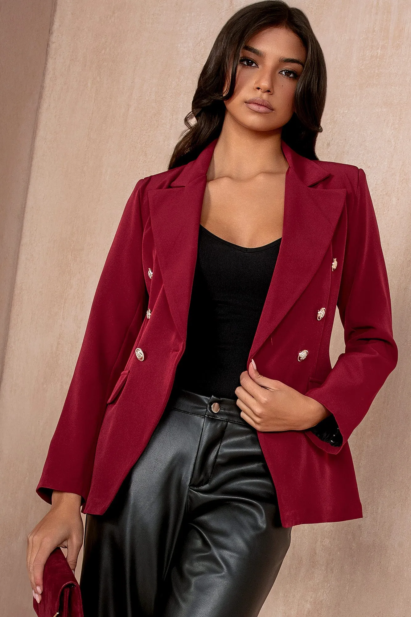 Haddie Burgundy Button Detail Blazer sold by Va Va Voom