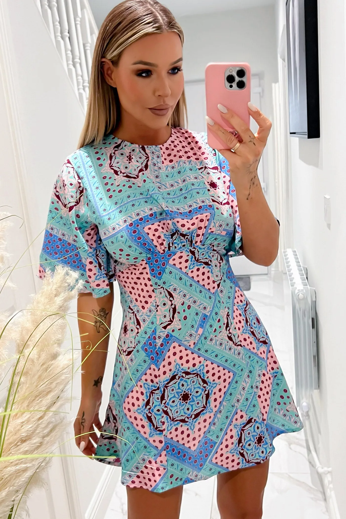 Anika Mint and Blue Print Dress sold by Va Va Voom