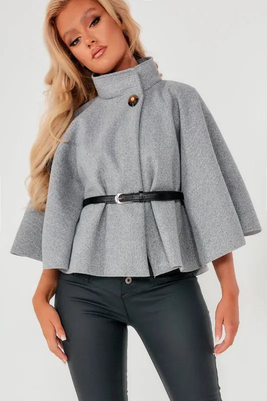 Trish Grey Belted Cape sold by Va Va Voom