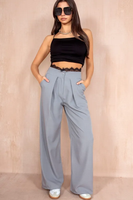Suzy Grey Lace Trim Trousers sold by Va Va Voom