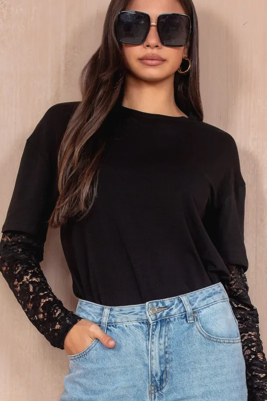 Olga Black Lace Sleeve Top sold by Va Va Voom
