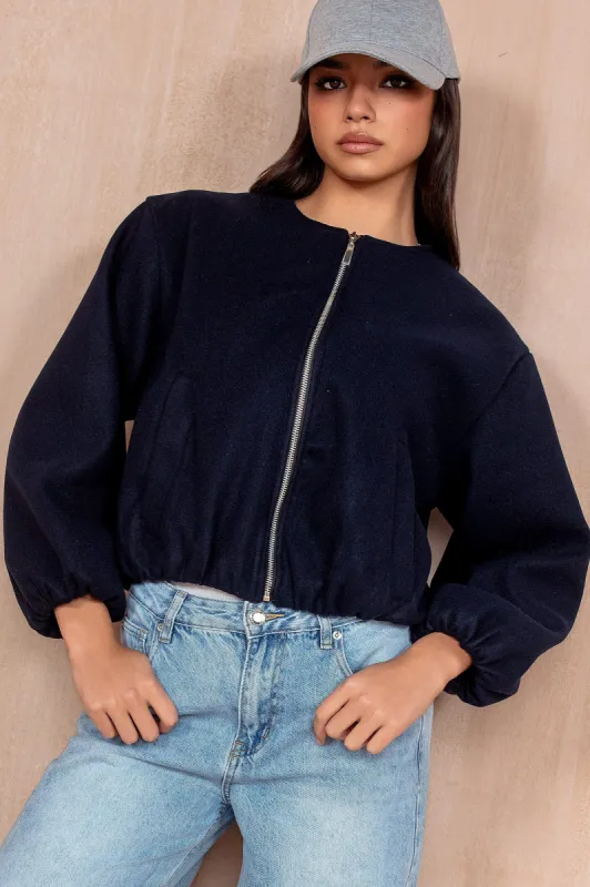 Natasha Navy Wool Bomber Jacket sold by Va Va Voom