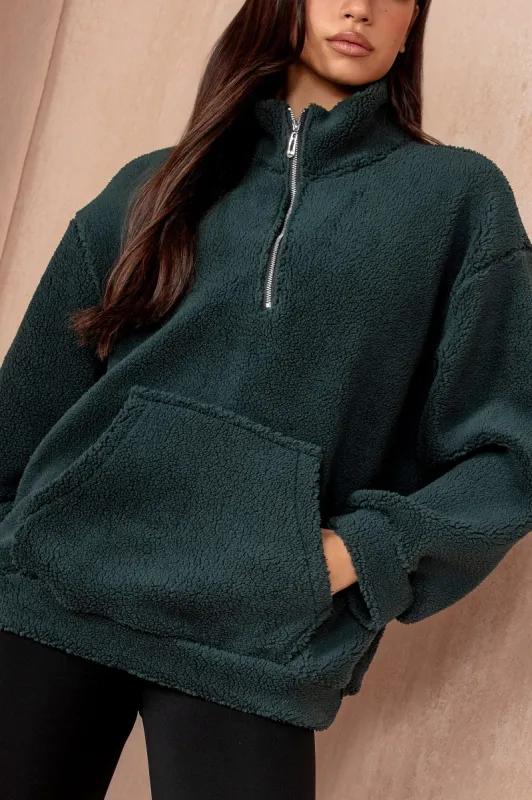 Emery Forest Green Teddy Half Zip sold by Va Va Voom