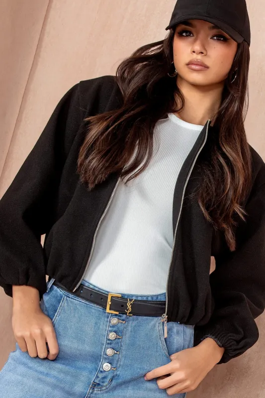Natasha Black Wool Bomber Jacket sold by Va Va Voom