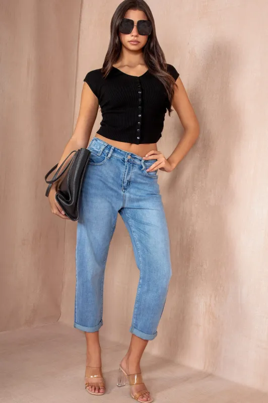 Jenna Blue Ankle Grazer Mom Jeans sold by Va Va Voom