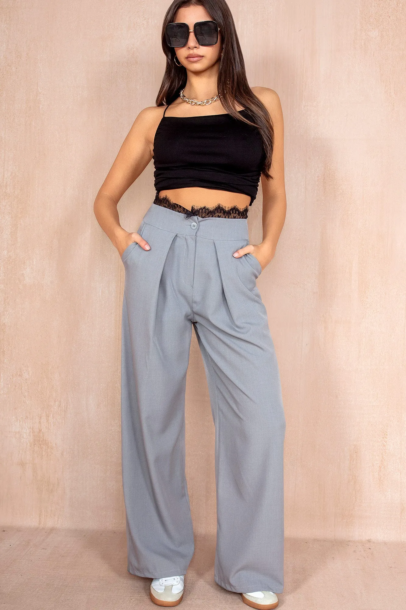 Suzy Grey Lace Trim Trousers sold by Vavavoom