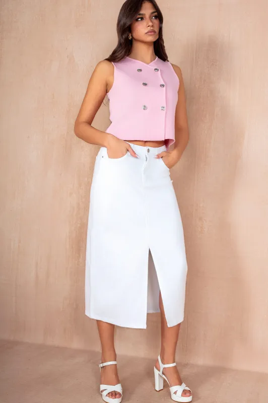 Sandy White Denim Midi Skirt sold by Va Va Voom