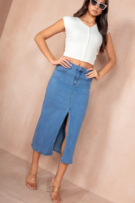 Aubree Blue Denim Midi Skirt sold by Va Va Voom