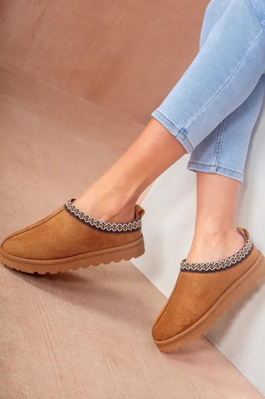Heidi Chestnut Suedette Mules sold by Va Va Voom