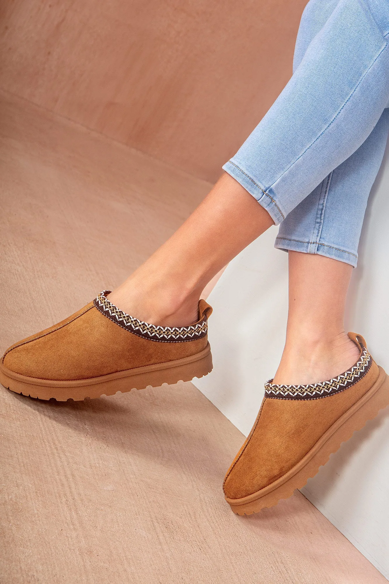 Heidi Chestnut Suedette Mules sold by Va Va Voom