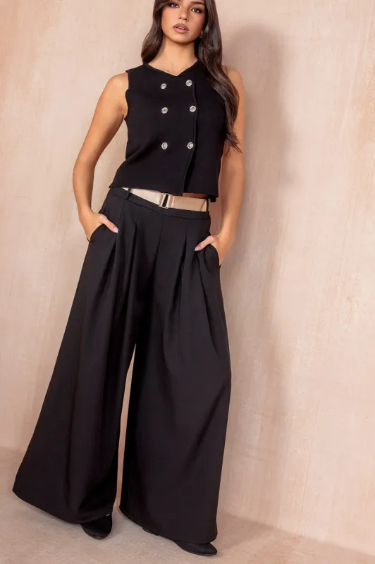 Melinda Black Belted Wide Leg Trousers sold by Va Va Voom