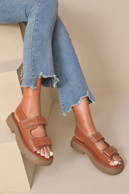 Briella Camel Leather Look Chunky Sandals sold by Va Va Voom