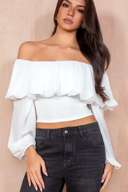 Taya White Chiffon Bardot Top sold by Va Va Voom