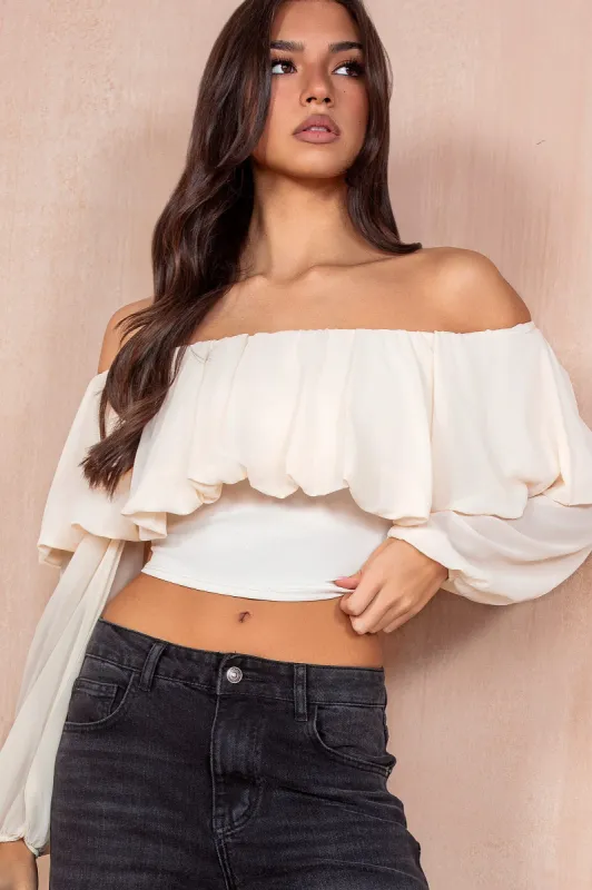 Taya Nude Chiffon Bardot Top sold by Va Va Voom