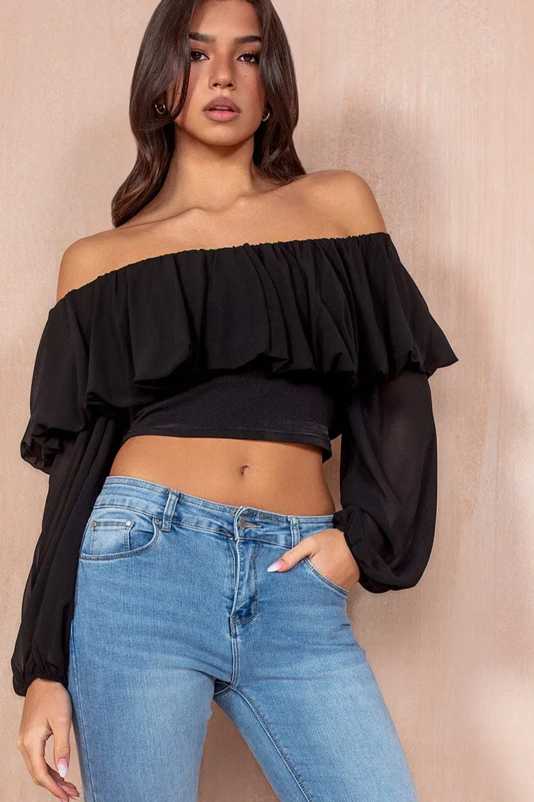 Taya Black Chiffon Bardot Top sold by Va Va Voom