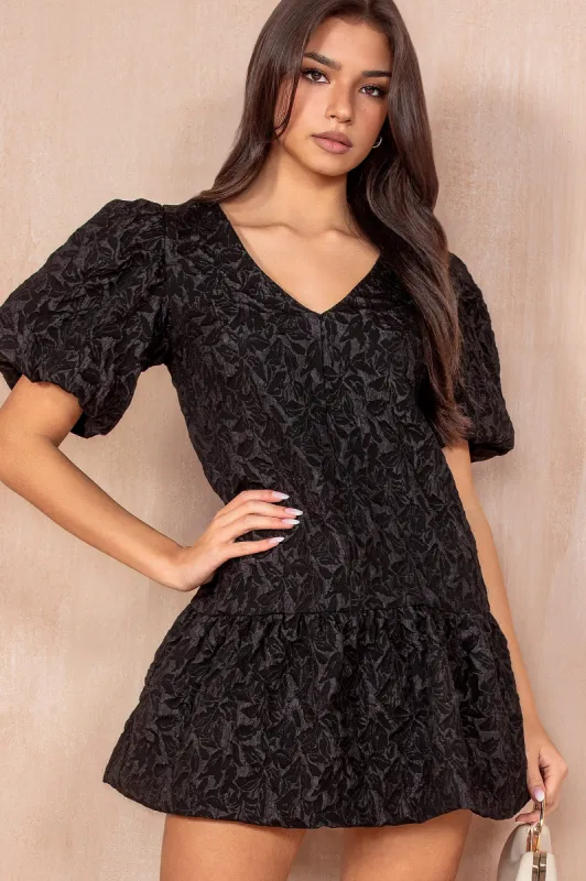 Hayley Black Jacquard Puffball Dress sold by Va Va Voom