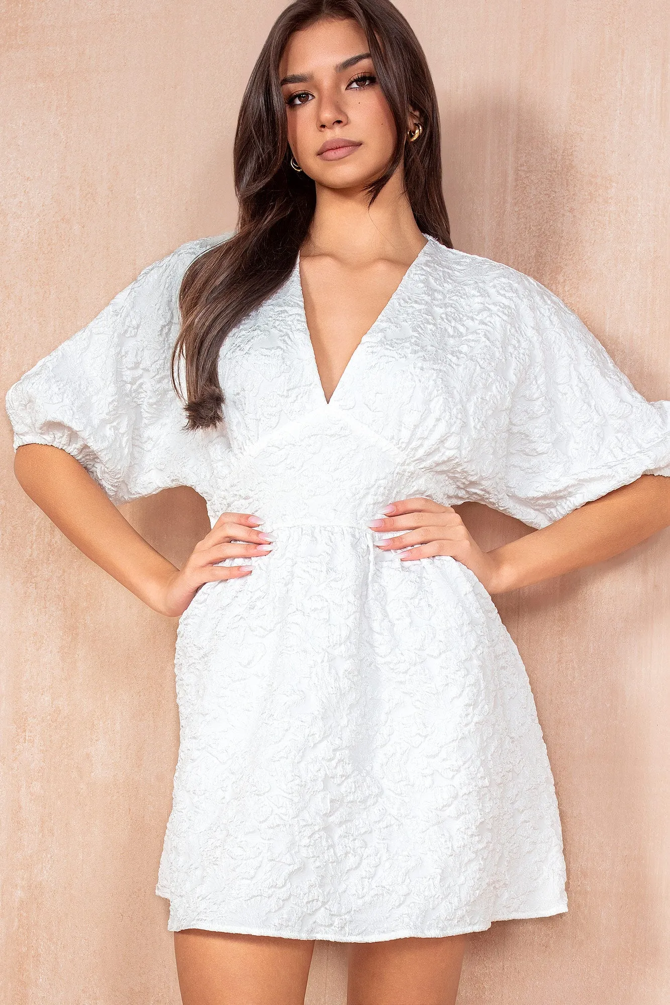 Dollie White Jacquard Puff Sleeve Dress sold by Va Va Voom