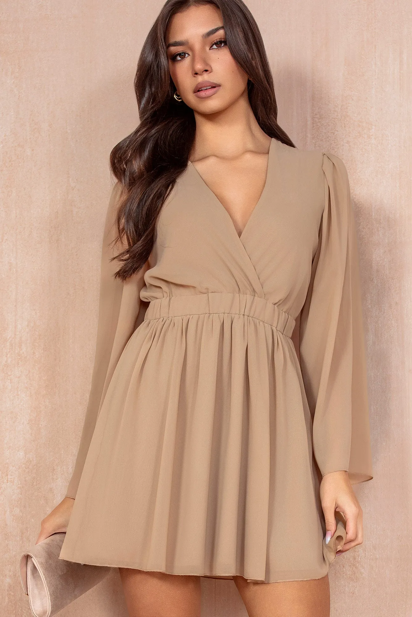 Fia Camel Chiffon Wrap Dress sold by Va Va Voom