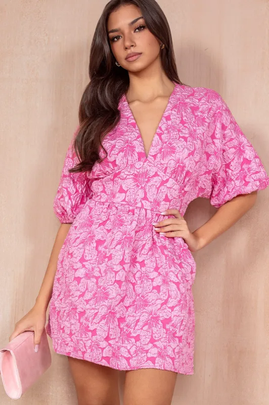 Dollie Pink Jacquard Puff Sleeve Dress sold by Va Va Voom